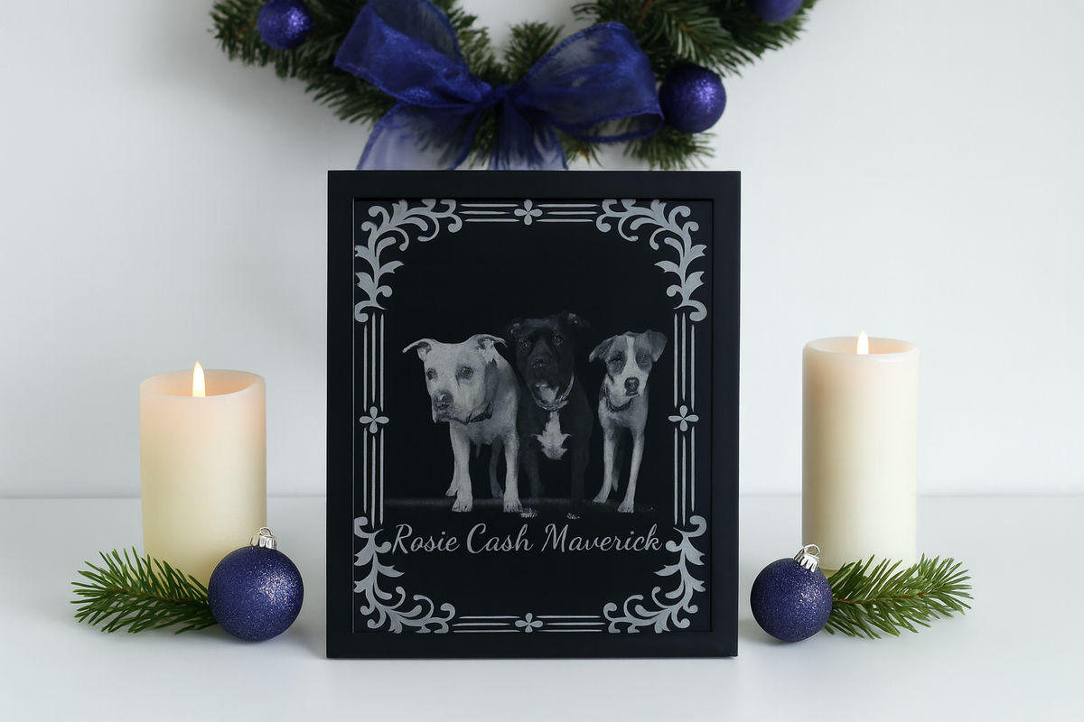 Furever Etch Black Friday Deal – 8x10 Custom Pet Or Person Portrait “Holiday Memories Etched in Light” (Framed)