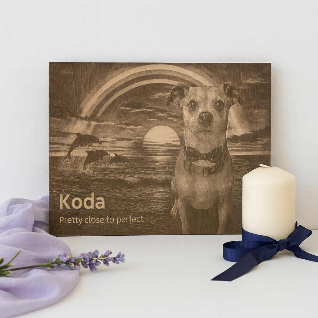 Furever Etch Signature Pet Memorial – 11x14 Custom Background Laser Engraved on Black Acrylic